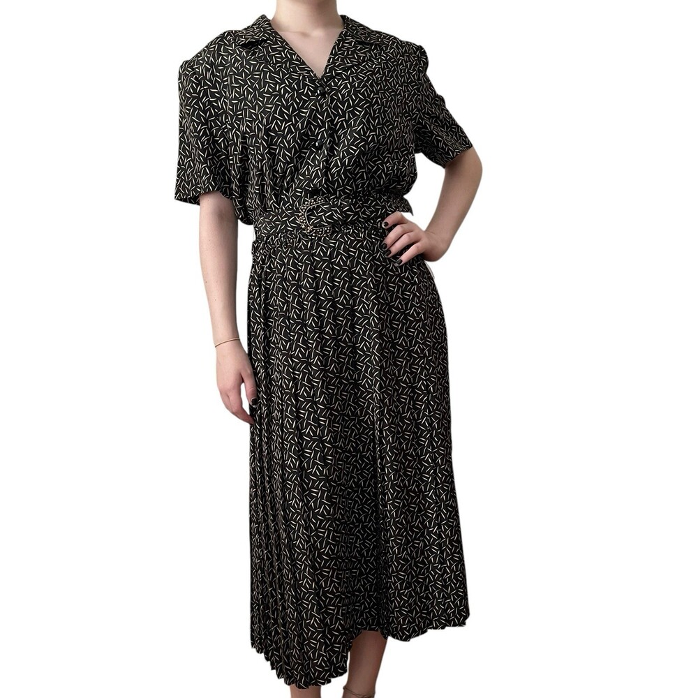 VTG 80s Leslie Fay Womens 14 Modest Belted Secretary Midi Shoulder Pad Dress